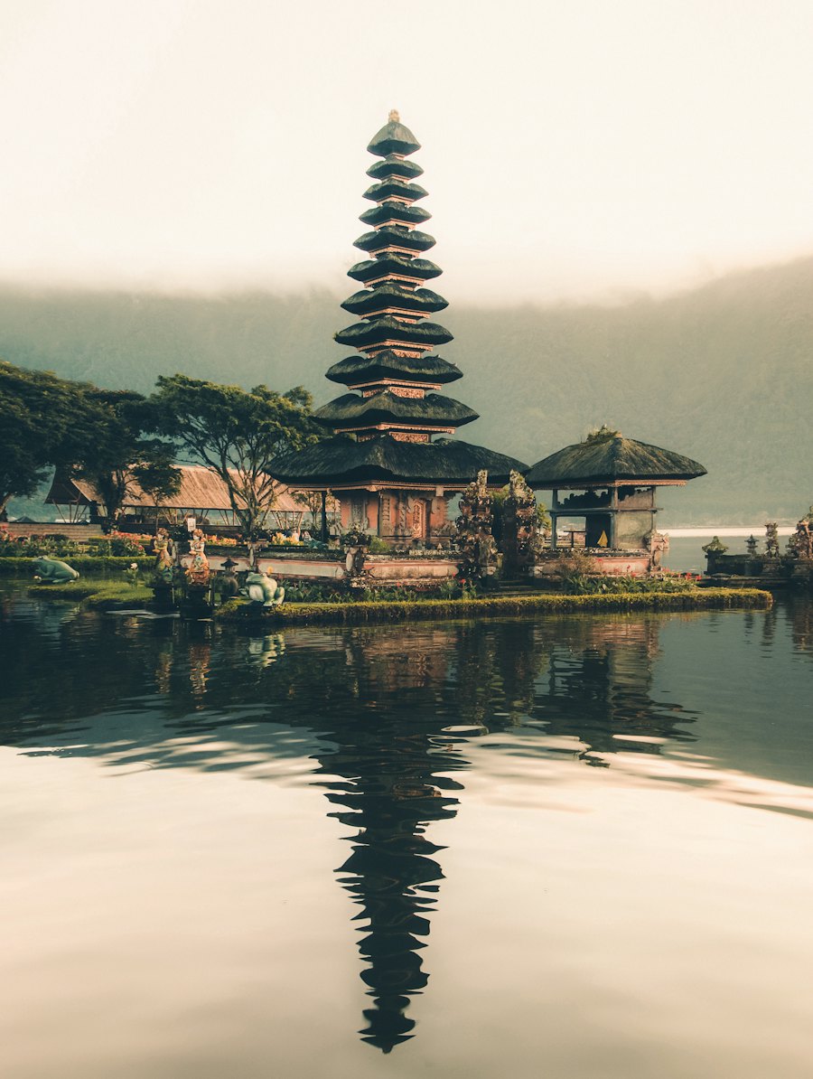 Tiered temple reflected in still water, Bali, Indonesia