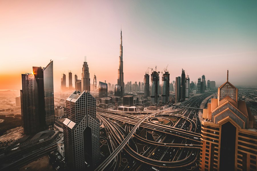 Dubai skyline at dusk seen across the city